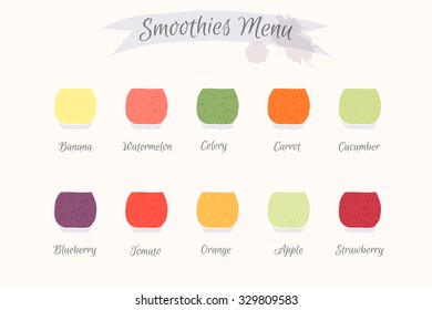 Collection of ten healthy fruit smoothies. Hand drawn menu element for cafe or restaurant with fresh drink. Fresh juice for healthy life.