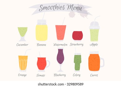 Collection of ten healthy fruit smoothies. Hand drawn menu element for cafe or restaurant with fresh drink. Fresh juice for healthy life.