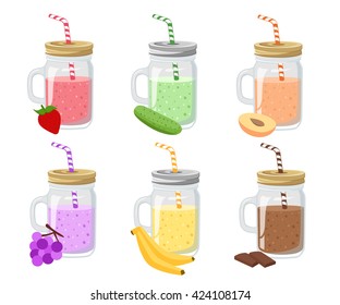 Collection of ten healthy fruit smoothies in flat style. Fresh juice for healthy life. Menu element for cafe or restaurant. Set of summer fresh smoothies in mason jar and detox water.