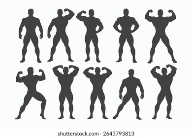 Coleção de dez musculação masculina musculação silhuetas em várias poses. Perfeito para fitness, musculação, ou projetos relacionados ao treinamento de força. Gráficos vetoriais limpos, simples e versáteis.