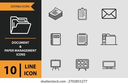 Una colección de diez iconos de contorno que representan las tareas de gestión de documentos y papel, presentados aislados sobre un fondo blanco.