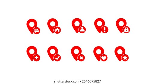 Uma coleção de dez ícones marcadores de mapa vermelho, cada um contendo um símbolo diferente.