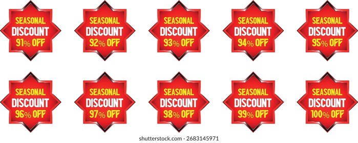 A collection of ten red triangular badges arranged in two rows of five. Each badge features the word "OFF" in white text above a yellow percentage value. The percentages range from 61% to 70% in incre