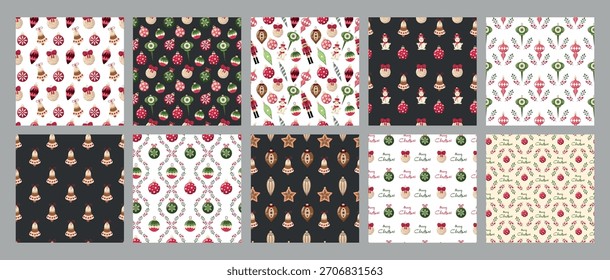 A collection of ten seamless Christmas patterns featuring vintage-style holiday ornaments, bells, snowmen, holly leaves, candy, nutcrackers, and festive elements.