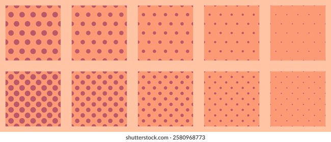 Collection of ten seamless polka dot patterns in varying densities and sizes. Perfect for textile design, website backgrounds, or scrapbooking.  Versatile, minimalist style.