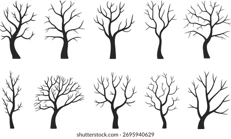 Colección de diez árboles desnudos de silueta, aislados sobre un fondo blanco, mostrando intrincados patrones de ramas.