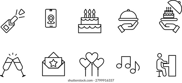 A collection of ten simple black and white line art icons representing celebration, events, and party themes.