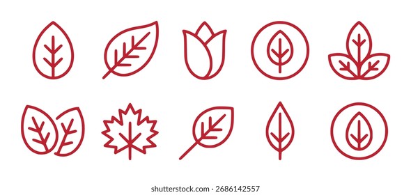 Una colección de diez íconos sencillos con líneas rojas que presentan varias Formas de hojas y un tulipán, sobre un fondo blanco limpio.