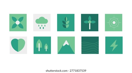 A collection of ten square-shaped icons in various shades of green, depicting elements like leaves, rain clouds, wind turbines, mountains, and lightning bolts, symbolizing environmental themes.