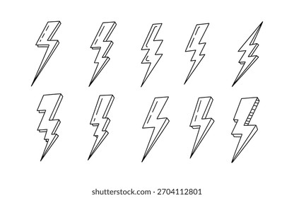 Colección de diez íconos estilizados de rayos en un estilo de dibujo de contorno simple