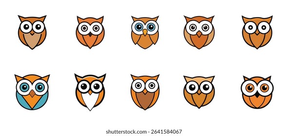 Collection of ten stylized owl head designs on white background