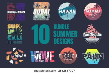 Collection of ten summer vector t-shirt designs, prints, illustrations