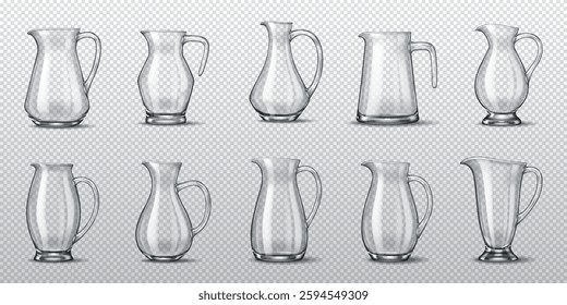 Collection of ten transparent glass jugs with different shapes and designs in a realistic 3D rendering. High-detail reflections and transparency make them perfect for design projects.