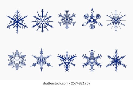 A collection of ten unique blue snowflake illustrations, showcasing various intricate designs and patterns.