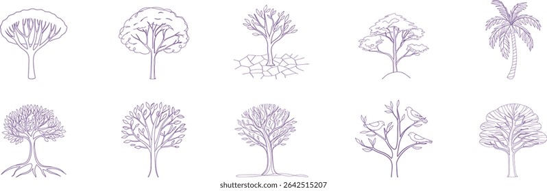 Coleção de dez desenhos de linha de árvore única em tons roxos macios, mostrando formas botânicas abstratas e realistas. Ideal para impressões ecológicas, temas da natureza e projetos de design.