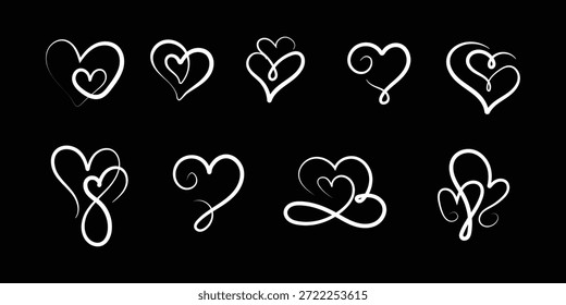 Colección de diez corazones de arte de línea continuos blancos únicos que muestran varios remolinos decorativos y estilos de caligrafía modernos interconectados contra un fondo negro crudo perfecto para conceptos románticos.