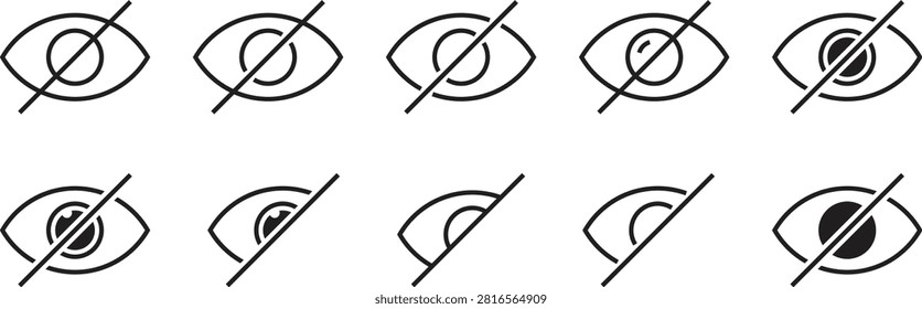 A collection of ten vector eye icons with a diagonal slash through them, commonly used in user interfaces to indicate hidden, private, or disabled visibility settings.
