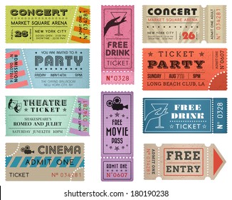 A collection of ten vector grunted Tickets, Vector file is organized with layers, with every ticket divided into 3 layers, separating Background Shape from the texture effect and text.