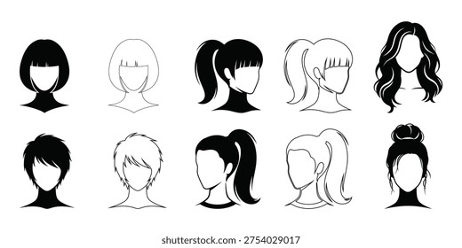 A collection of ten vector icons depicting various female hairstyles in black and white, ideal for use in graphic design and digital media