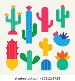 Coleção de dez ilustrações de cactos vibrantes e estilizados em várias formas e cores, perfeito para adicionar um toque divertido aos seus projetos.