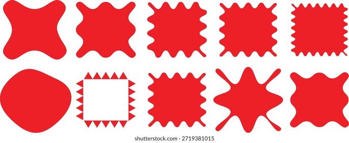 Eine Kollektion von zehn lebhaften roten abstrakten Splash-Blot-Formen mit unregelmäßigen und gezackten organischen Randdesigns auf transparentem Hintergrund