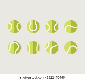 A collection of tennis balls for artwork compositions. Sports equipment. Vector illustrations elements isolated from the background.