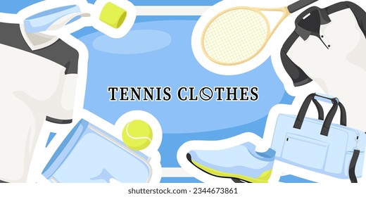 Collection of tennis clothes, racket, sport, sportswear, ball, lifestyle, shoes, polo shirt, shorts, t-shirt, bag, blue background. Set of equipment. Vector illustration.