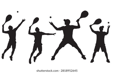 Collection of tennis player silhouettes demonstrating different serving and hitting techniques in a professional sports training environment.