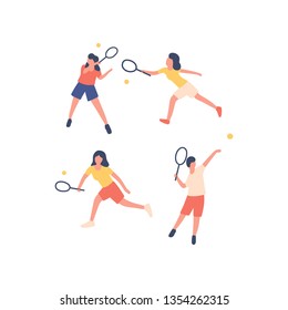 A collection of Tennis players with tennis rackets isolated on a light background. Colorful flat vector illustration.