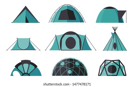 Collection of tent icons for camping in the nature. Set of various designs of tents for camping and spending time outdoors. Simple and lovable vector illustrations. 