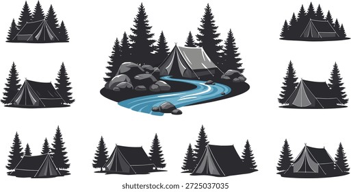 Una colección de ilustraciones de carpas y árboles con una vista panorámica central de un río que fluye a través de un bosque