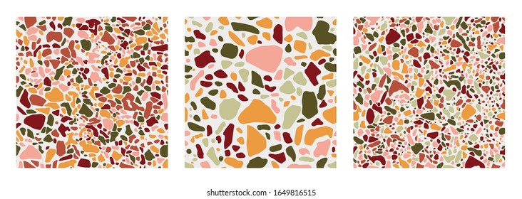 Collection of Terrazzo floor covering seamless pattern in green, terracotta, pink and yellow colors. Vector background of the Italian floor in the Venetian style. Granite texture in a trendy style.
