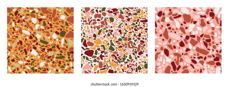Collection of Terrazzo floor covering seamless pattern in green, terracotta, pink and yellow colors. Vector background of the Italian floor in the Venetian style. Granite texture in a trendy style.