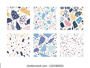 Collection of terrazzo geometric textures. Bundle of seamless patterns with colorful splinters or sprinkles on white background. Creative vector illustration for backdrop, textile print, flooring