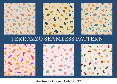 Collection of terrazzo geometric textures. Seamless patterns with colorful shapes. Creative vector illustration for backdrop, textile print, flooring