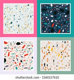 Collection of terrazzo pattern cards with randomly scattered stone pieces. Flat style vector illustration. 