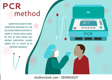 Collection of tests for the Cavid-19 coronavirus using PCR or polymerase chain reaction performed by medical professionals, doctors, or nurses. flat vector illustrations. Space for text