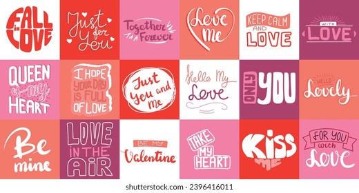 Collection of text banner for Valentine's Day. Set of lettering inscriptions of love. Love me, Kiss me, Only You, Be mine, For you with love. Hand drawn vector art.