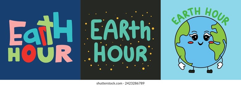 Collection of text banners Earth Hour. Handwriting inscriptions set Earth Hour. Hand drawn vector art