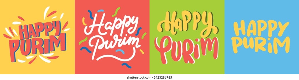 Collection of text banners Happy Purim. Handwriting inscriptions set Happy Purim. Hand drawn vector art