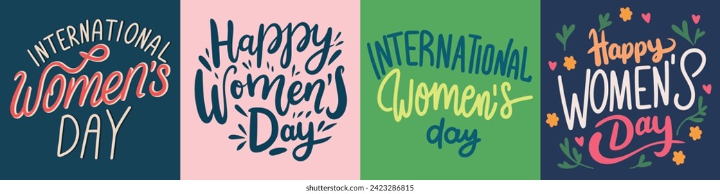 Collection of text banners International Women's Day. Handwriting inscriptions set Happy Women's Day. Hand drawn vector art