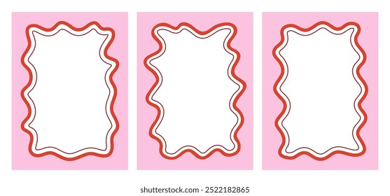 Collection of text box in red and pink color. Wave frames blank template set isolated on white background. Set of smooth square with wavy line . Wave frame shapes. Wave border rectangle