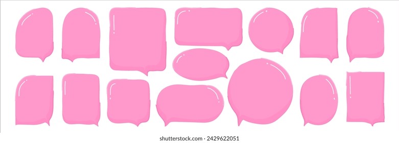 Colección de burbujas de texto. Los cuadros de diálogo son de color rosa como goma de mascar. El cuadro de texto para las citas se dibuja a mano. Conveniente para la aplicación móvil, sitios web, notas, diseño gráfico