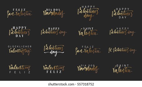 Collection text of gold lettering for Valentines Day. Inscription in different languages, French, Spanish, German and Portuguese. Emblems design golden and white. Usable for banners, greeting cards