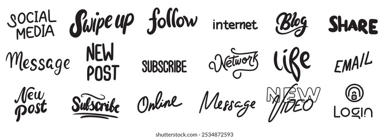 Collection of text lettering about Social Media. New post, email, share, online, message. Hand drawn vector art.
