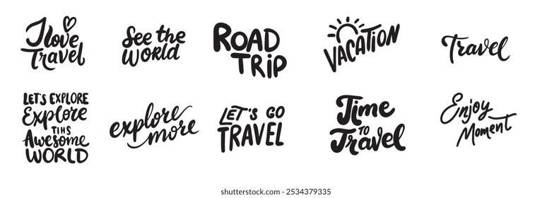 Collection of text lettering about travel. Hand drawn vector art.