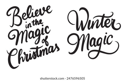 Collection of text lettering for Magic Christmas. Hand drawn vector art