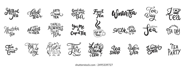 Colección de texto de letras de frases sobre té. Arte vectorial dibujado a mano