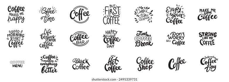 Colección de texto de letras de frases sobre café. Arte vectorial dibujado a mano