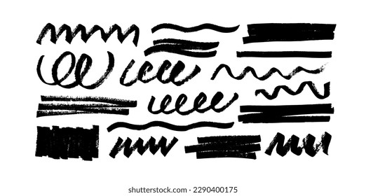 Collection text marker stripes. Black marker strokes and design elements. Abstract grunge vector lines, rectangles and curls. Hand drawn curved bold lines, various shapes isolated on white.